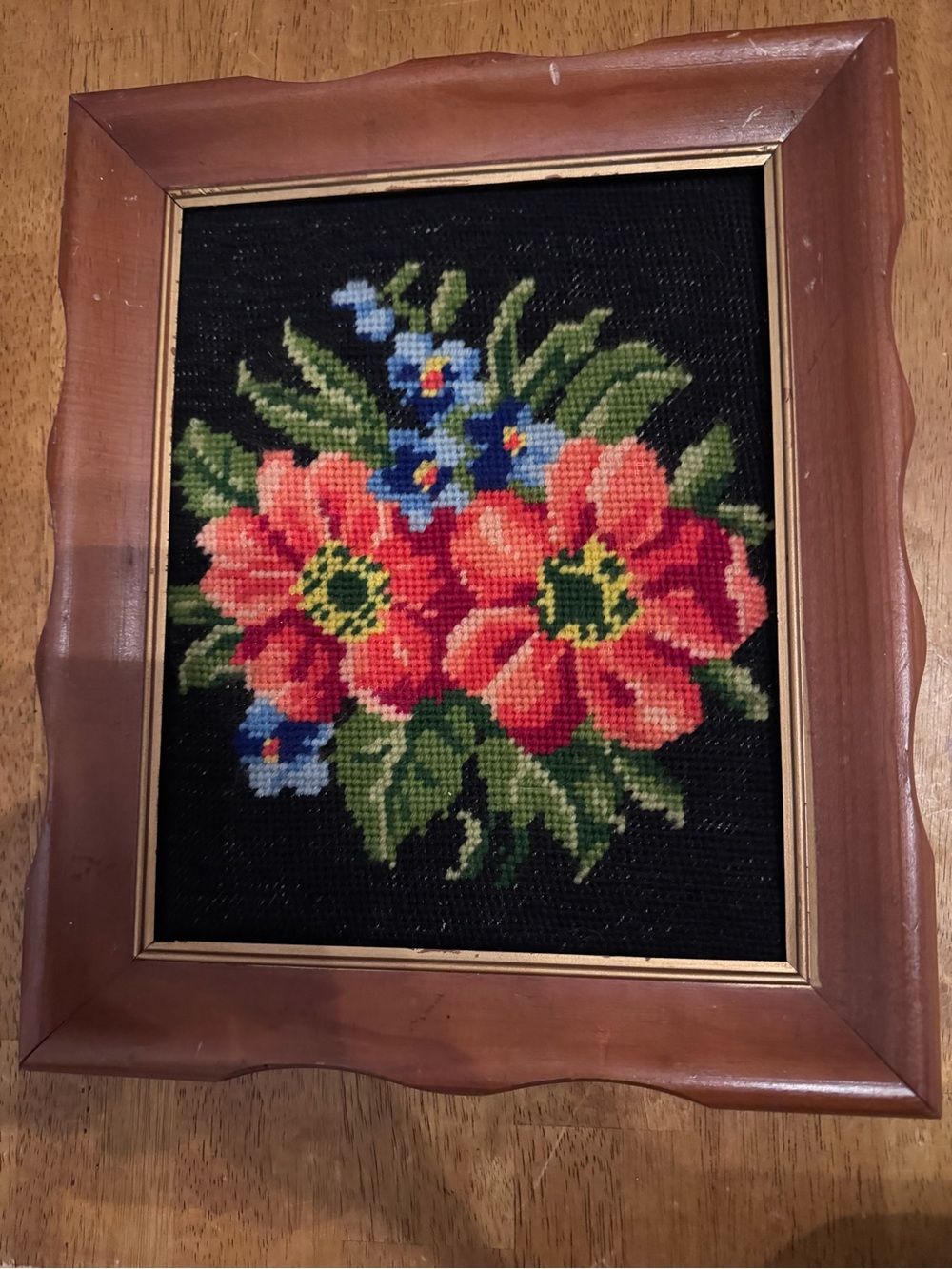 Framed Vintage Floral Needlepoint Art - Vibrant Red & Green